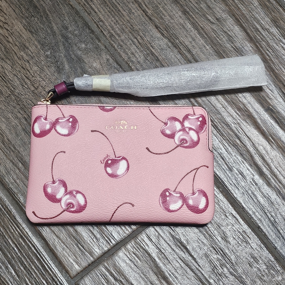 Coach Corner Zip Wristlet with Cherry Print Gold/Flower Pink/Bright Violet - Picture 5 of 7